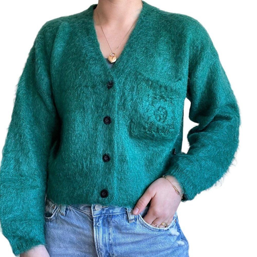 Vintage 80s Womens Esprit Emerald Green Mohair Fluffy Cropped Fuzzy Cardigan S